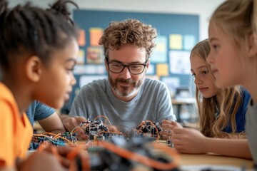 Fototapeta premium Profile view of students and a teacher engrossed in a robotics project.