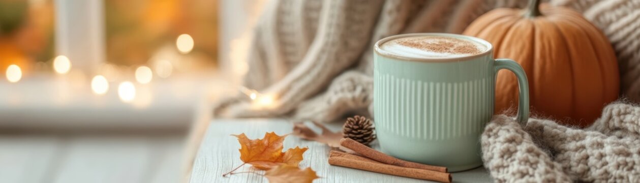 A warm matcha latte with cinnamon, set against a cozy autumn backdrop with knitted fabric, pumpkins, and soft lighting