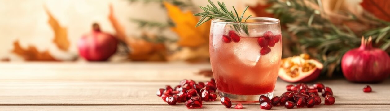 Pomegranate and rosemary spritzer in a glass, fall foliage in the background, [Pomegranate spritzer], [fall seasonal drink]