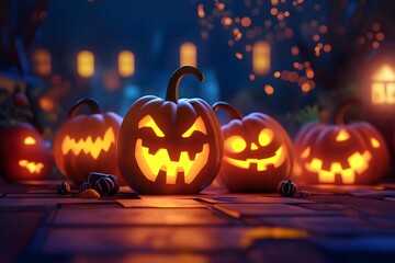 3D scary Pumpkin rising out of graveyard, Halloween poster or banner background with copy space.