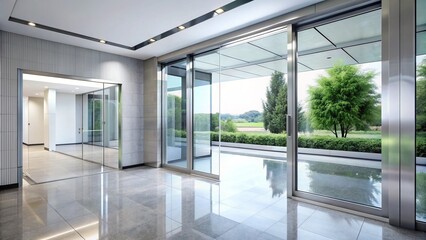 A sleek modern automatic sliding glass hospital door with silver metal frame and handle opens to a bright and clean corridor with tile flooring.