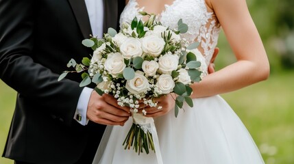 The bride and groom proudly display their beautiful bouquet of white roses and eucalyptus leaves, surrounded by vibrant green grass in natural light