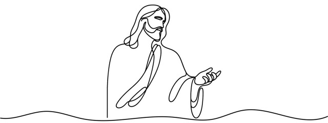 One continuous line depicts Jesus Christ. Isolated outline on a white background. Vector illustration.