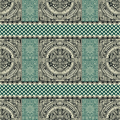 Intricate ethnic pattern with Aztec and Mayan-inspired motifs in green and beige. Seamless vector design for textiles or decor.