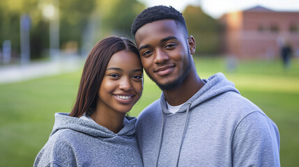 Fototapeta premium casual portrait of two black african american junior college students at university campus, woman and man