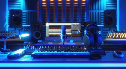 Naklejka premium 3D render of microphone and headphones on audio studio desk with blue lighting, full shot.