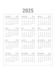 2025 Calendar Printable US Letter Size 8.5x11 Monday Start Planner Diary Template Transparent Background	