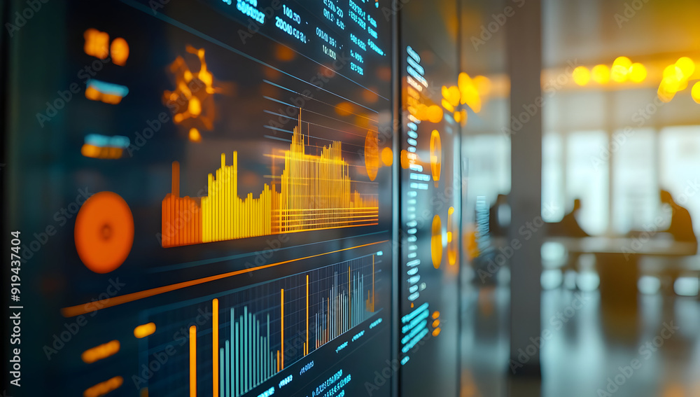 Poster vibrant data visualization on a sleek digital screen, showcasing business analytics and insights in 