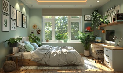 teenager bedchamber bright cozy adolescent bedroom with bed,desk workplace.
