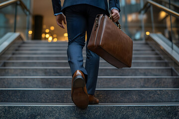 A professional man ascending stairs with a briefcase, symbolizing ambition and career progression in a modern environment.