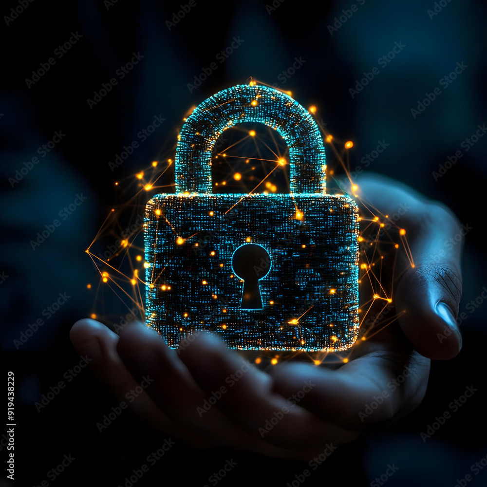 Poster a glowing digital padlock held in a hand, symbolizing cybersecurity and data protection in a tech-dr