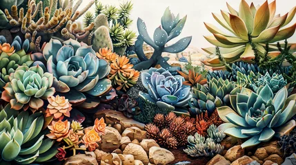 Photo sur Plexiglas Ultra-realistic watercolor of a desert garden, colorful succulents, dry soil, morning dew ,Ultra-High Detail, Ultra-Realistic