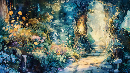 Obraz premium Ultra-realistic watercolor of a fairytale garden with luminous, fantastical elements and detailed flora