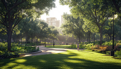 Fototapeta premium A serene park scene featuring lush greenery, gentle sunlight, and people enjoying leisurely strolls among the trees.
