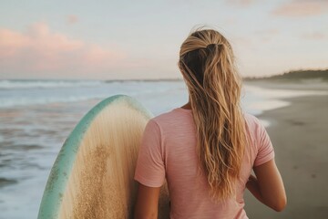 A female surfer standing on the beach, holding her surfboard and gazing towards the ocean waves, embodying a sense of adventure, freedom, and connection with nature.