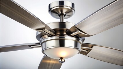 Close-up of a modern ceiling fan's rotating blades, showcasing sleek design and efficient airflow, against a crisp white background with subtle shadows.