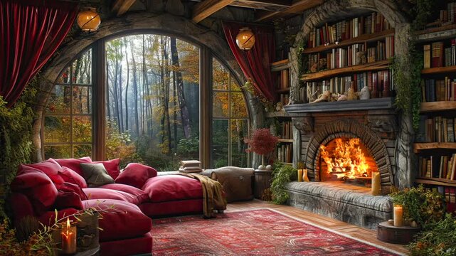 Animated virtual backgrounds, cozy lofi living room with fireplace with forest view from window. Cozy Rustic Living Room with Fireplace and Forest View, Warm Red Sofa, and Shelves of Books 