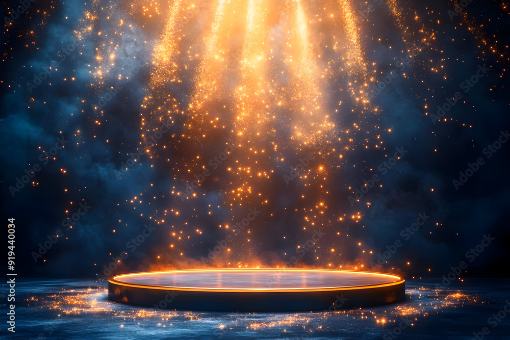 Poster a stunning visual of sparkling particles and light beams creating an enchanting atmosphere above a g