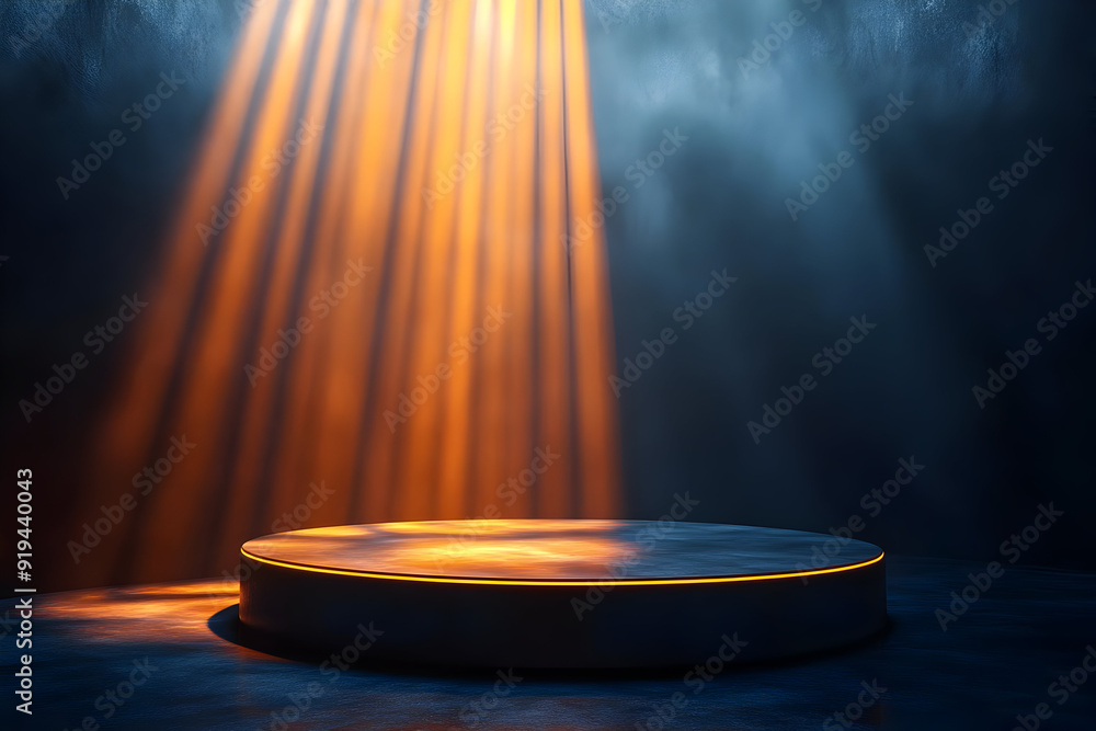Poster a dramatic stage scene with illuminated podium and rays of light creating a mystical atmosphere for 