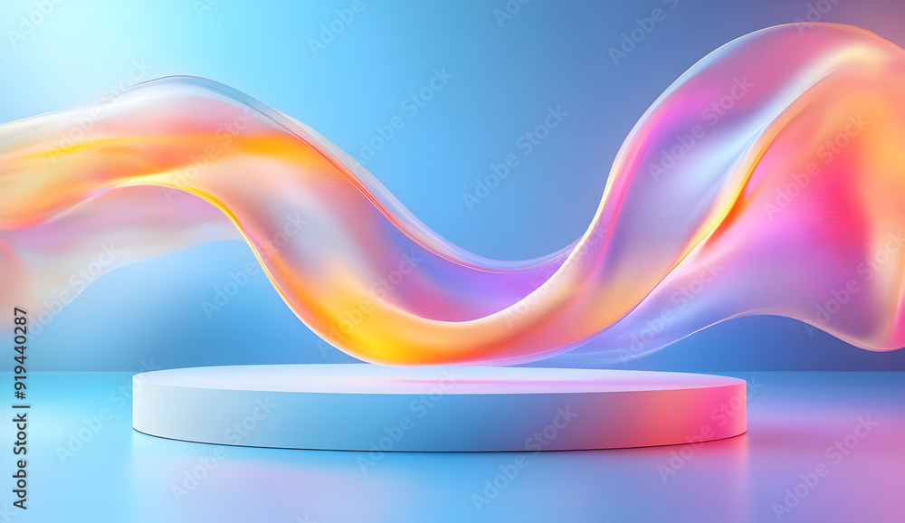Poster a vibrant, flowing wave of color over a smooth platform, creating a dynamic and artistic atmosphere 