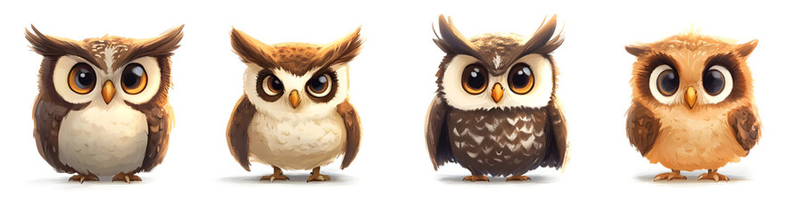 Obraz premium A charming collection of cartoon owls displaying various expressions, perfect for children's illustrations and nature-themed designs.