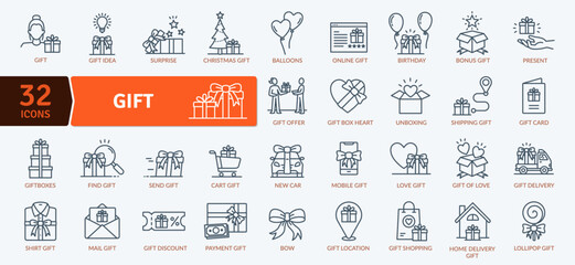 Gift icon collection. Gift or present. Ideas to surprise, give, receive and return where the main value of the gift is symbolic