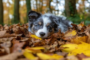Adorable border collie puppy lying in autumn leaves