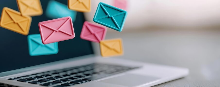 Colorful 3D email icons flying from laptop, vibrant digital communication, playful and modern email marketing concept
