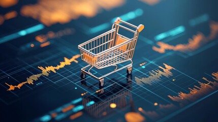 Futuristic online retail analytics, shopping cart amidst dynamic data charts, glowing graphs showcasing e-commerce trends, sleek digital visualization