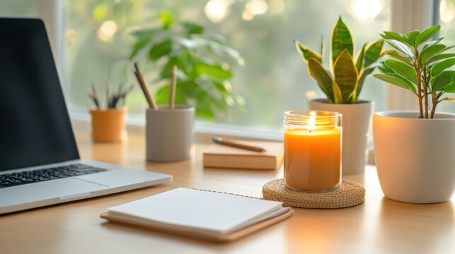 A quiet home office setup for mindfulness, with plants, candles, and a meditation journal on the desk - Powered by Adobe