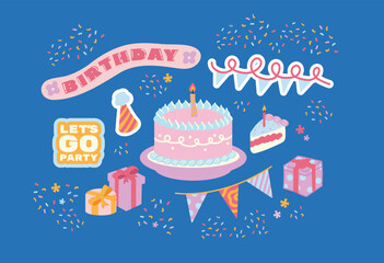 Happy Birthday stickers in cartoon retro 90s style. Minimalist shapes. Celebration congratulations patches with cakes, sweets, presents. Vector bright template for party, event