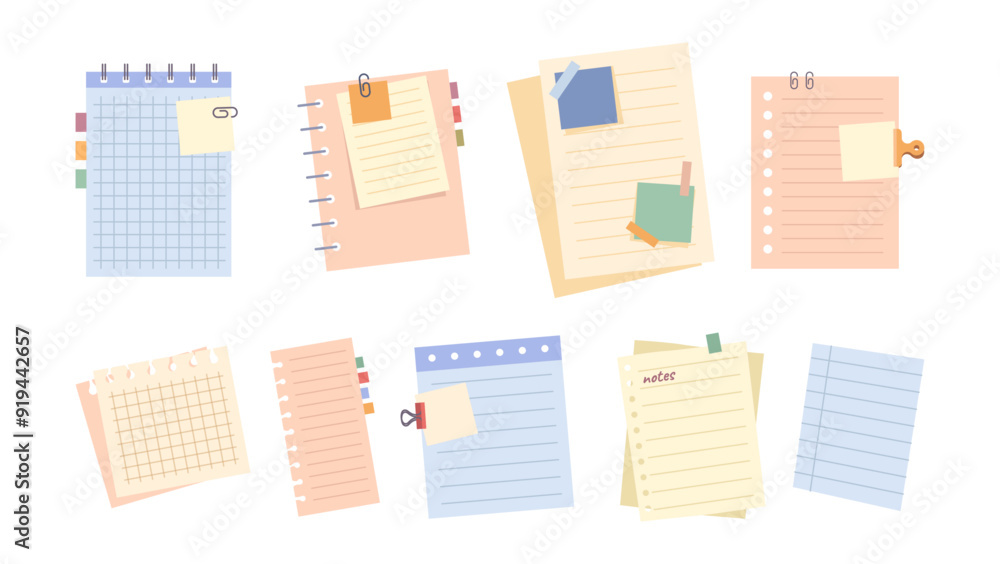 Aufkleber note sheets sticky collection, isolated memo messages, notebooks pages and planners. vector stickers