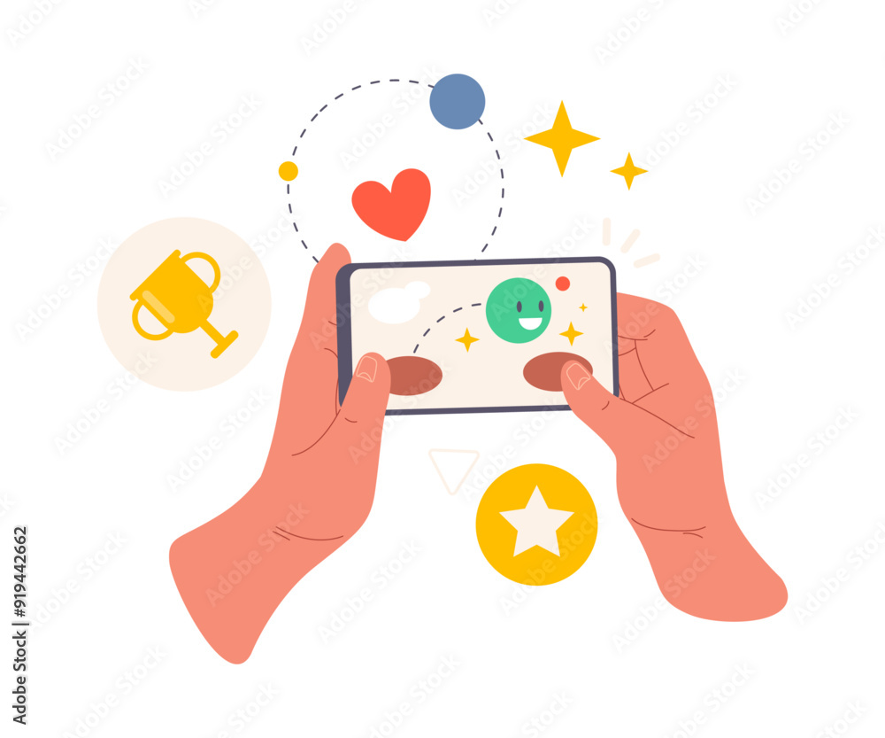 Aufkleber smartphone screen with game interface, flat cartoon vector illustration. isolated hands holding mobi