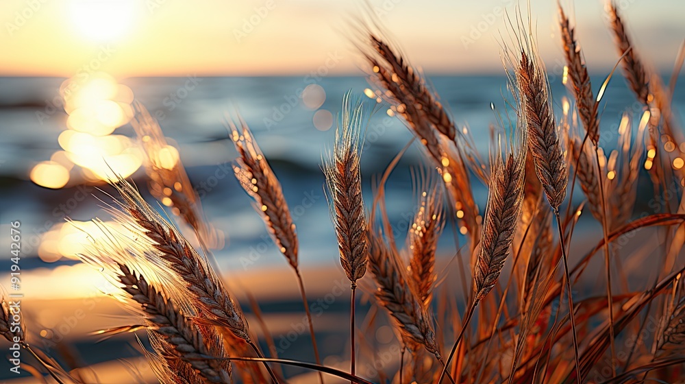 Poster background of beach and sea with wheat field at sunset colors.  