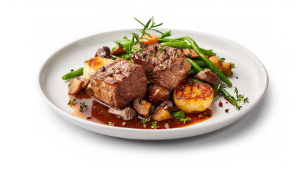 A classic French dish, coq au vin, featuring tender chicken cooked in rich red wine sauce with mushrooms and herbs, on a white background.