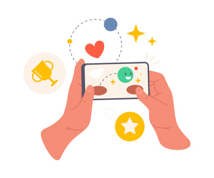 Smartphone screen with game interface, flat cartoon vector illustration. Isolated hands holding mobile phone with display of play process. Entertainment and fun, leisure and hobbies