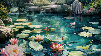 Fototapeta premium Ultra-realistic watercolor of a water garden, blooming lotus, clear water, morning dew ,Ultra-High Detail, Ultra-Realistic