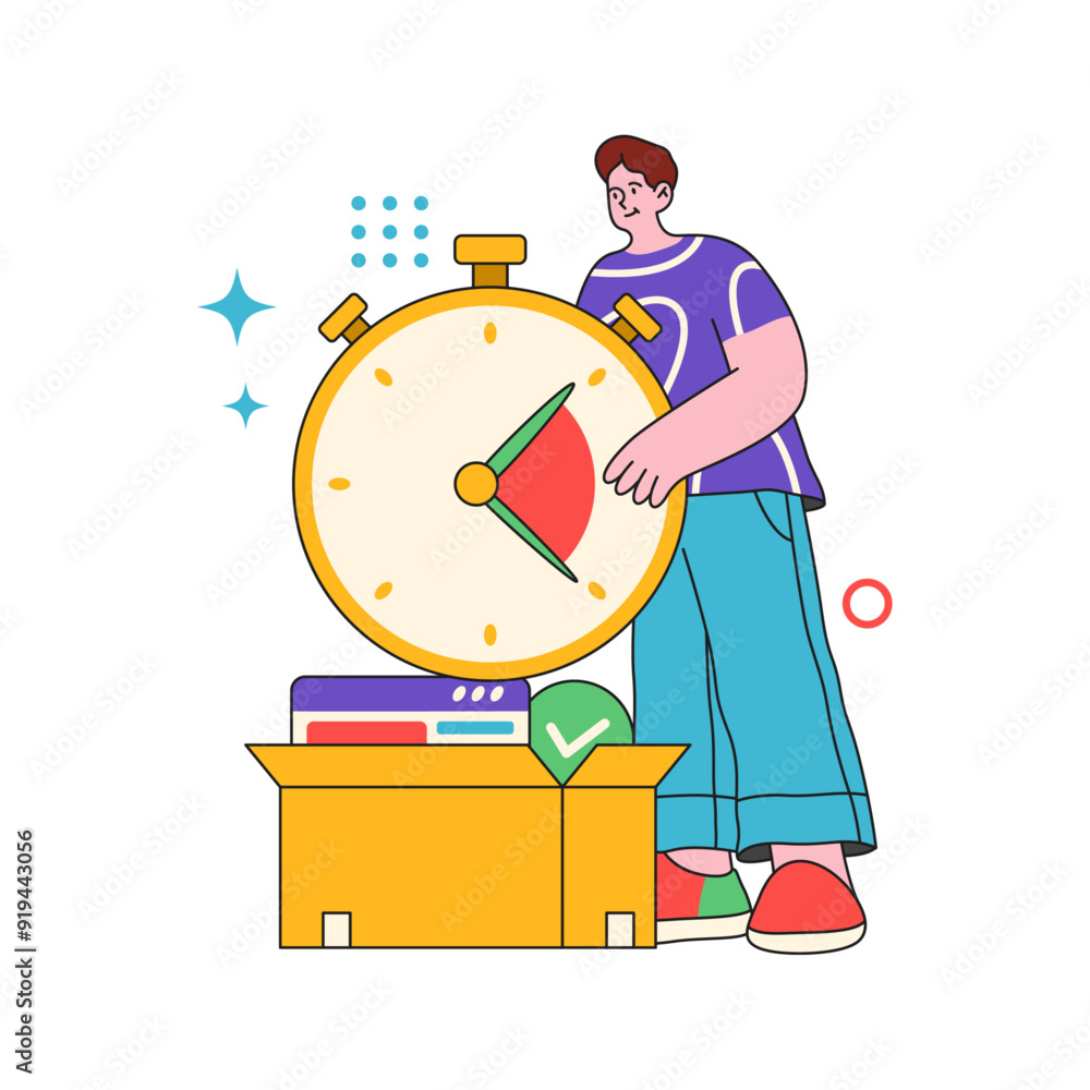 Poster Productivity tools for workflow efficiency, male personage with timer clock. Vector flat cartoon character with stopwatch to control deadlines and project time frames completion