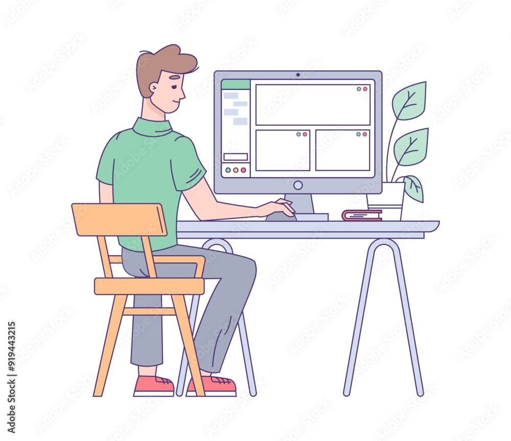 Leinwandbilder Man character working on laptop or computer. Vector isolated employee on meeting with client. Programmer or designer dealing with project tasks, coding or managing employer personage back view