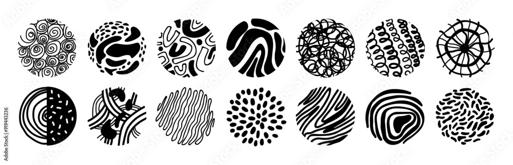 Aufkleber Pattern texture, isolated monochrome circles with scribbles and doodles. Vector set of rounded shapes with symmetrical and asymmetrical drawings. Wavy lines and tangled design, surface samples