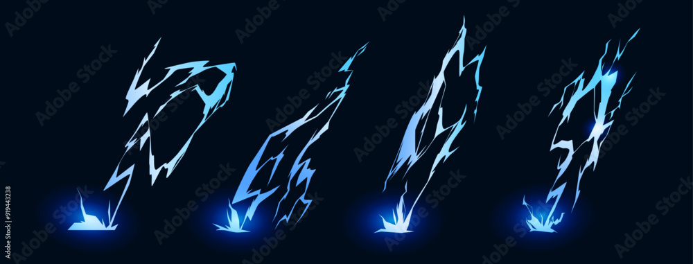 Aufkleber lightning hitting ground. vector isolated set of cartoon thunderstorm bolts for game design or weath