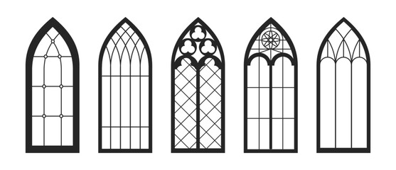Gothic windows outline, isolated set of arched borders with mosaic. Vector classic medieval architectural design, elements for exterior and facade of churches or cathedrals, monochrome style