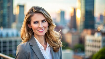 Obraz premium Confident professional woman in her 30s with a warm smile and stylish hair, posing against a blurred cityscape background with a neutral expression.