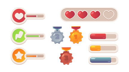 Game user interface elements, isolated set of progress bars with life and experience of level. Vector console of player, medallion for challenge completion, gold silver and bronze reward