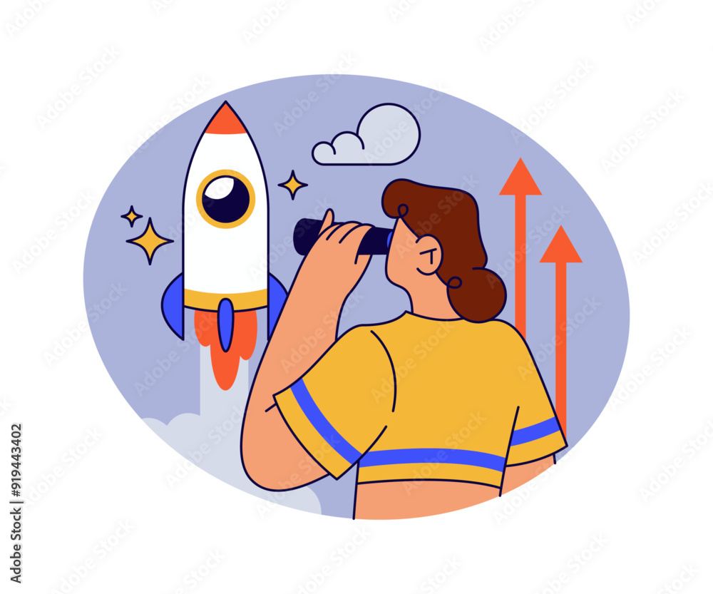 Aufkleber Controlling and watching business startup. Vector flat cartoon character with binoculars look at launching rocket. Enterprise or company development and innovative solutions