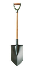 Green shovel with a sturdy wooden handle, designed for gardening and outdoor use. Ideal for practical gardening tools with a classic and functional design. Isolated on transparent background, png.