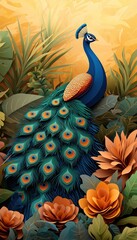 A vibrant peacock with colorful feathers stands amidst lush foliage and blooming flowers, showcasing nature's beauty and elegance.