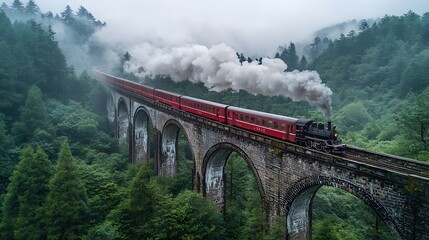 A train is crossing an old wooden bridge in the mountains, surrounded by dense green forests and misty clouds. The vintage red steam engine billows smoke as it powerfully runs along the tracks through