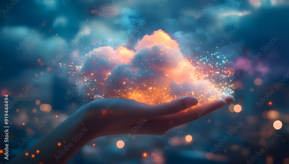 Poster a hand cradles a magical cloud infused with colorful light and sparkles, creating a captivating ethe