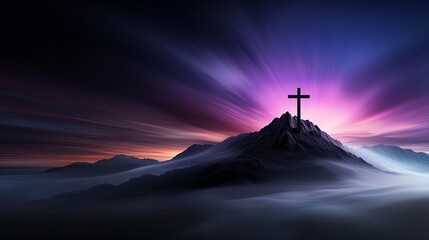 Fototapeta premium Vibrant sky spiritual moment cross on peak a serene mountain peak with a prominent cross at sunrise, surrounded by vibrant purple and soft clouds, symbolizing faith and tranquility.